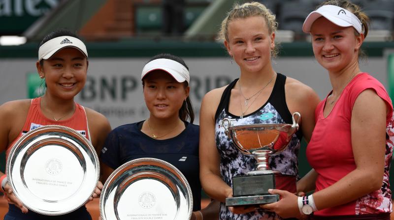 Eri Hozumi and Makoto Ninomiyas hopes of becoming the first all-Japanese pair to win a Grand Slam womens doubles title were swamped by a barrage of big hitting from Czech pair Barbora Krejcikova and Katerina Siniakova in Sundays French Open final. (Photo: AFP)