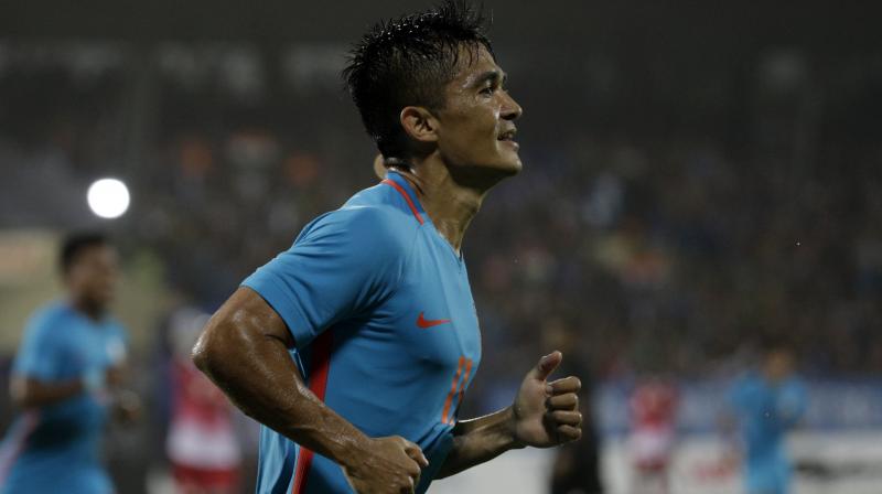 Sunil Chhetri caught up with Argentina skipper Lionel Messi as the second highest joint-active international goal scorer (62), only second to Portugal  favourite Cristiano Ronaldo.(Photo: AP)