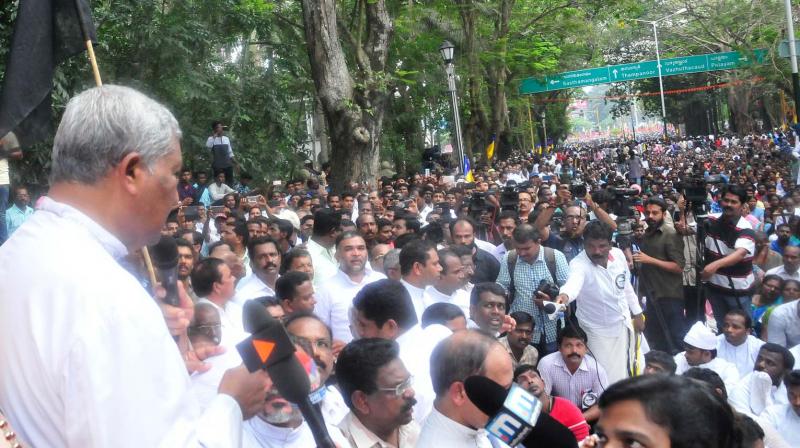 Archbishop M. Soosa Pakiam leads a massive march of coastal people to Raj Bhavan demanding the rehabilitation of families devastated by Ockhi cyclone in Thiruvananthapuram. 	 FILE