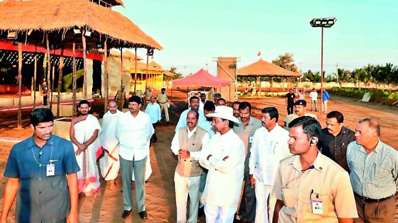 Chief Minister K. Chandrasekhar Rao inspects the site where he will perform five-day Maharudra Sahita Sahasra Chandi Maha Yagam from Monday at his farm house in Erravalli.