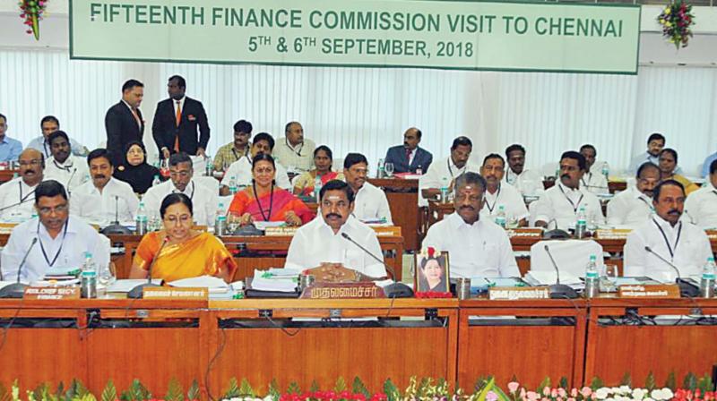 CM Edappadi K. Palaniswami makes a detailed presentation at a meeting of the 15th Finance Commission held at the secretariat in the city on Thursday. The meeting was attended by a delegation led by 15th Finance Commission chairman N. K. Singh, state ministers and officials.   (Image: DC)