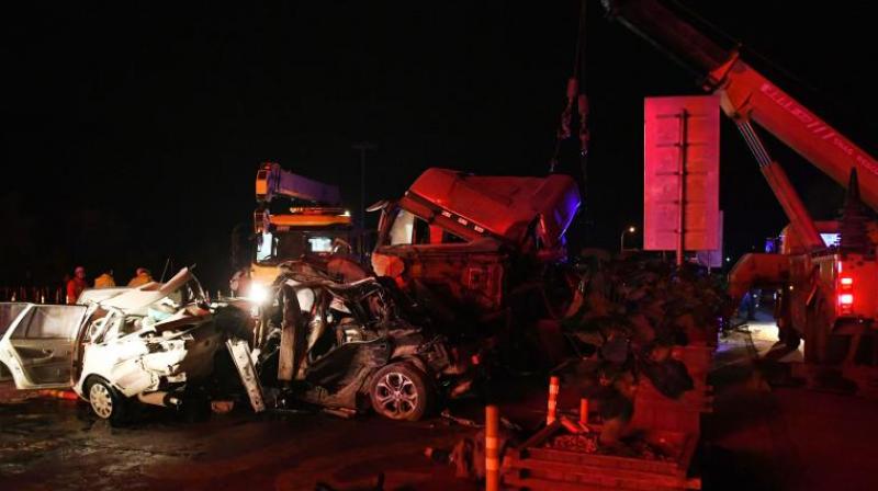 The pile-up occurred on Saturday after a heavy truck lost control and crashed into a line of vehicles waiting at a toll station on the Lanzhou-Haikou Expressway. (Photo: AP)
