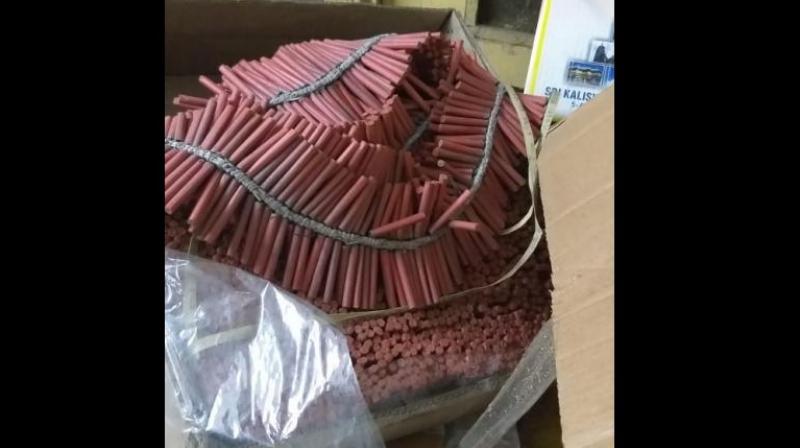 According to police, 625 kilogram of firecrackers were seized from Sadar Bazar, 11.1 kg firecrackers and 7.9 kg firecrackers were seized by teams from Subzi Mandi and Burari police stations. (Photo: Twitter | ANI)