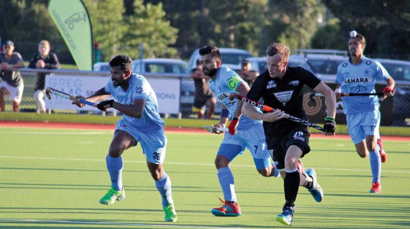 Action from the four-nations invitational hockey tournament match between India and New Zealand in Hamilton on Wednesday. India won 3-2.