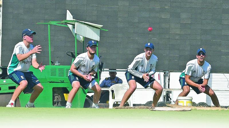 England team at a practice session ahead of the final Test against India at Chepauk. (Photo: E.K. Sanjay)