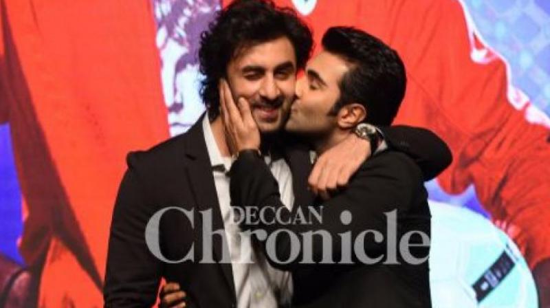 Ranbir Kapoor and Aadar Jain captured in a lovely moment at the introductory event of Aadar in Btown. (Pic: Viral Bhayani)