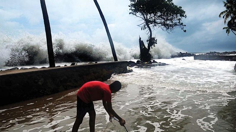 Fury of sea has intensified posing grave threat to the coastal areas as southwest monsoon gathered momentum. Erosion of land in Chellanam near Kochi is threatening several houses in the area. A scene on Tuesday.   (Photo: ARUNCHANDRA BOSE)