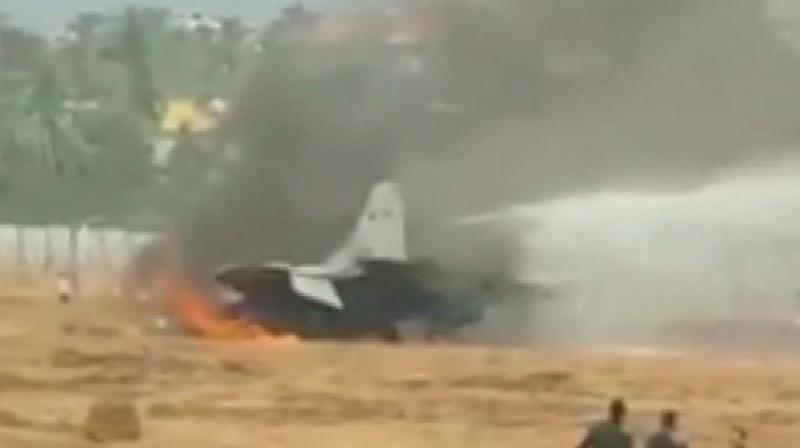 Fire on MiG-29K aircraft being extinguished at Goa airport, after the aircraft went off runway while taking off. (Photo: ANI/Twitter)