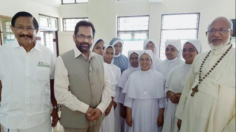 Union Minister of State for Minority Affairs Mukhtar Abbas Naqvi meeting with George Alencherry, Cardinal & Major Arch Bishop of Diocese of Ernakulam in Kochi (Photo: PTI)