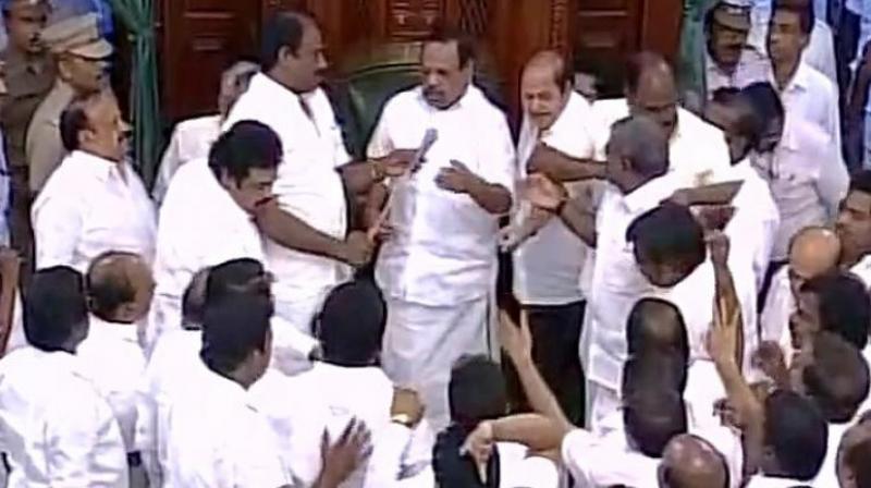 Ruckus in Tamil Nadu Assembly during floor test. (Photo: ANI Twitter)
