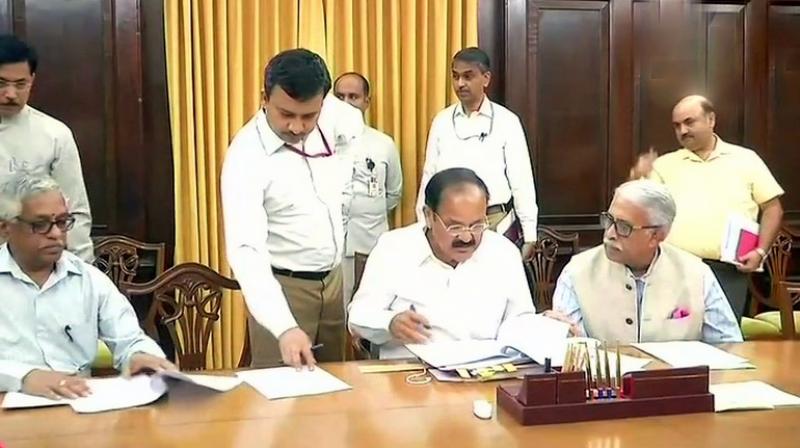 Vice president and Rajya Sabha chairman M Venkaiah Naidu on Monday rejected the Congress-led opposition parties notice to impeach CJI Dipak Misra. (Photo: ANI/Twitter)