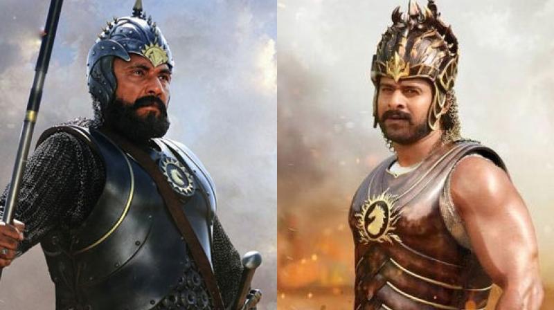 Sathyaraj as Katappa and Prabhas as Baahubali in the Baahubali franchise.