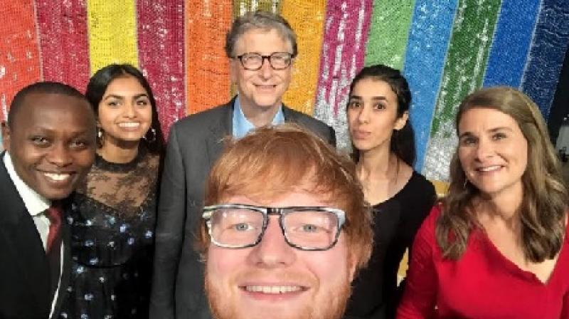 Bill Gates and Melinda Gates with Dysmus Kisilu, Amika George and Nadia Murad - the recipients of Goalkeepers Award for the year 2018 along with Grammy-winning Singer Ed Sheeran during The Goalkeepers 2018 Global Goals Awards, hosted by the Bill and Melin.