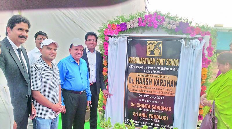 Union minister Harsh Vardhan after laying a foundation stone for Krishnapatnam Port School at Krishnapatnam on Saturday. (Photo: DC)