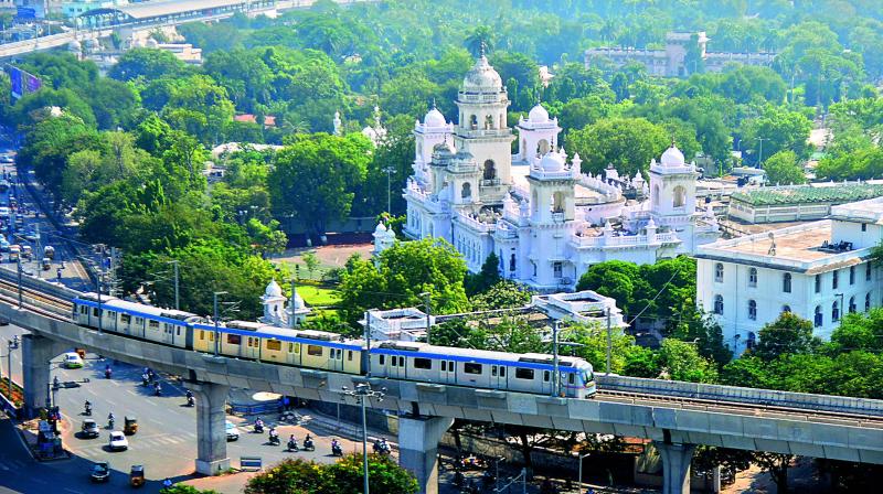 Hyderabad Metro RailHyderabad Metro passes by the Telangana Legislature building on the LB Nagar-Miyapur corridor in the city on Tuesday. (Photo: DC)