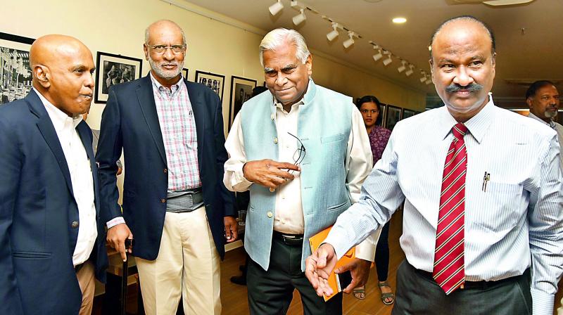 From right: Former Director General of the Sashastra Seema Bal M.V. Krishna Rao, chairman of Court of Governance of ASCI K. Padmanabhaiah and political analyst Mohan Guruswamy at the Guruswamy Centre in Secunderabad on Tuesday. (Photo: DC)