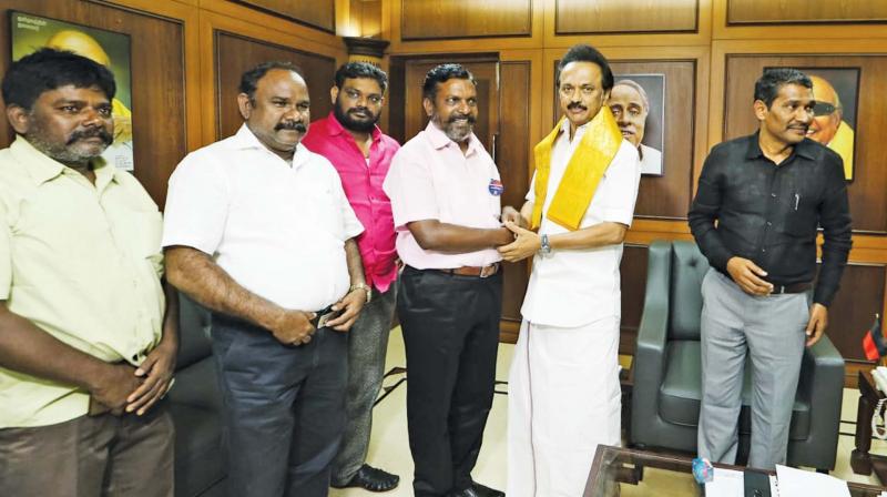 VCK chief Thol Thirumavalavan meets DMK president M.K Stalin at Anna Arivalayam on Tuesday. (Photo: DC)