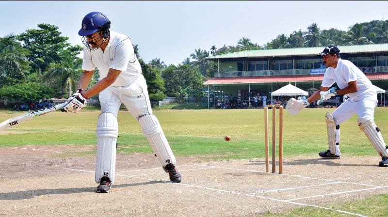 Excise Commissioner Rishi Raj Singh in action for Thiruvananthapuram against Palakkad in the Excise cricket semifinal match in Thalassery on Monday.