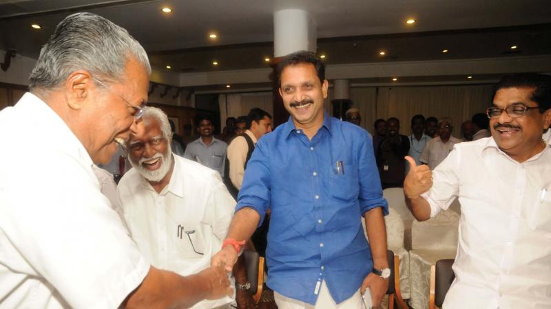 Chief Minister Pinarayi Vijayan, BJP state president Kumanam Rajashekharan,  BJP state secretary K. Surendran and  KPCC president V. M. Sudheeran at the all-party meeting to sort out the issues in co-operative sector in Thiruvananthapuram on Monday. (Photo: A.V. MUZAFAR)