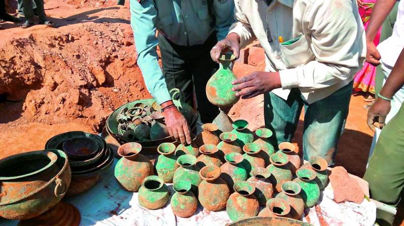Workers were digging at Rudraksha Matam they unearthed some vessels.