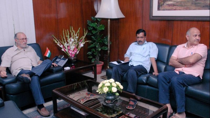 Delhi Chief Minister Arvind Kejriwal and his deputy Manish Sisodia met Delhi Governor Anil Baijal on Friday. (Photo: Twitter/@LtGovDelhi)