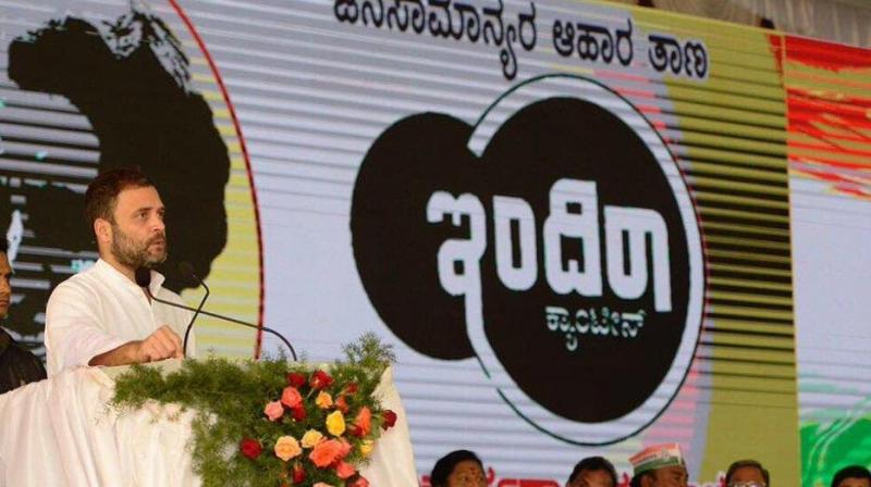 Rahul Gandhi speaking at the inauguration of Indira Canteen in Bengaluru on August 16.  (Photo: (Twitter | Office of RG)