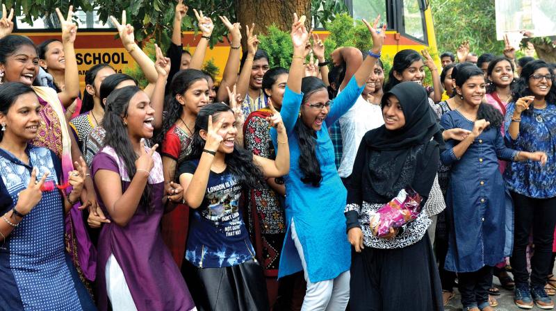 Students of Carmel Girls HSS who scored full A plus in SSLC rejoice after the results on Thursday.  	Peethambaran Payyeri