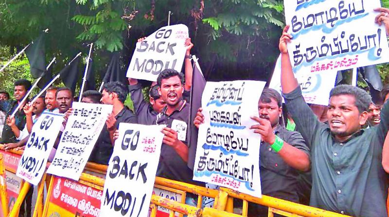 The ongoing Cauvery protests peaked on Thursday against the backdrop of Prime Minister Narendra Modis visit to Chennai. Slogans like Go back Modi rent the air in parts of South Chennai.