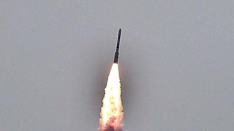Isros PSLV C38 carrying earth observation satellite Cartosat-2 series along with 30 co-passenger satellites of various countries, lifts off from Satish Dhawan Space Centre in Sriharikota on Friday. (Photo: PTI)