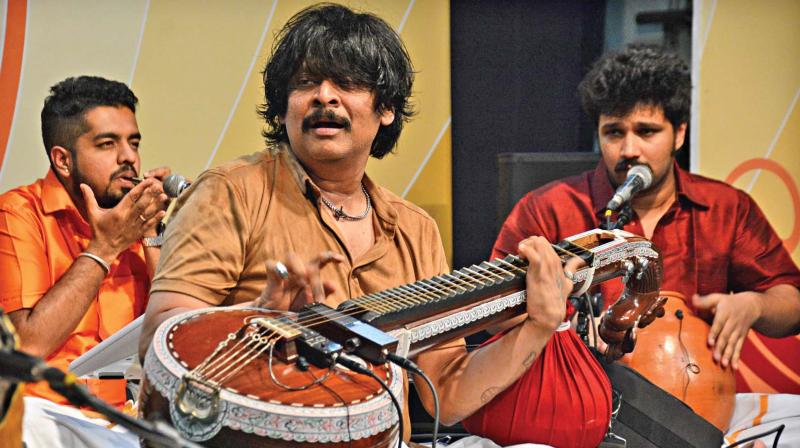 Veenai artist Rajesh Vaidya performs at Infosys Hall, Ramakrishna mission school, on Saturday. (Photo: DC)