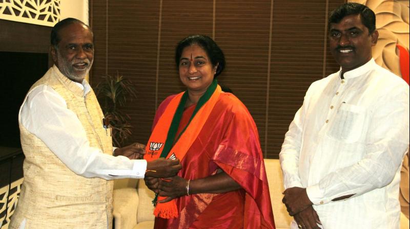 On Padmini Reddy joining BJP though her husband is a senior Congress leader, state BJP president K Laxman said, personal freedom is available to work in the political arena. (Photo: Twitter | @BJP4Telangana)