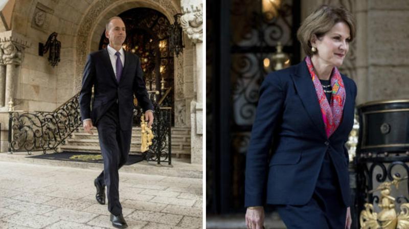Boeing CEO Dennis Muilenburg(left) and Marillyn Hewson(right), CEO of Lockheed Martin departs after meeting with President-elect Donald Trump at Mar-a-Lago, in Palm Beach. (Photo: AP)