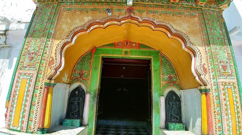 The colourful Rajasthani work at the entrance of the sanctum sanctorum of Sitarambagh temple. (Photo: P. Surendra)
