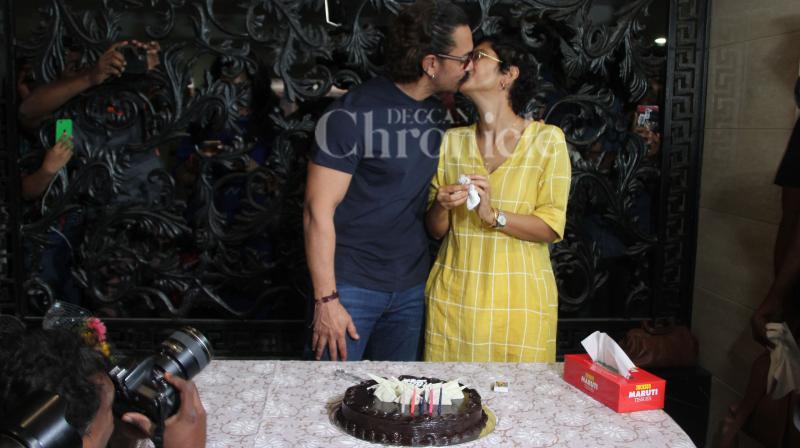 Aamir Khan and Kiran Rao at the superstars birthday celebrations with the media.