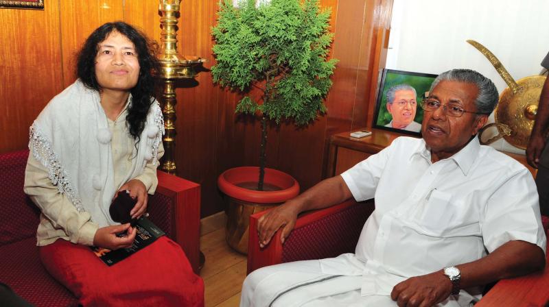 Manipuri human rights activist Irom Sharmila calls on Chief Minister Pinarayi Vijayan in his office in Thiruvananthapuram on Monday. 	(Photo: A.V. MUZAFAR)