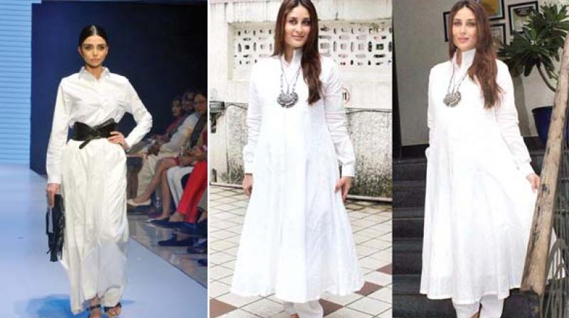 This model is seen pairing her outfit with a black bag and belt and Actress Kareena Kapoor pairs her white outfit with a statement neck piece.