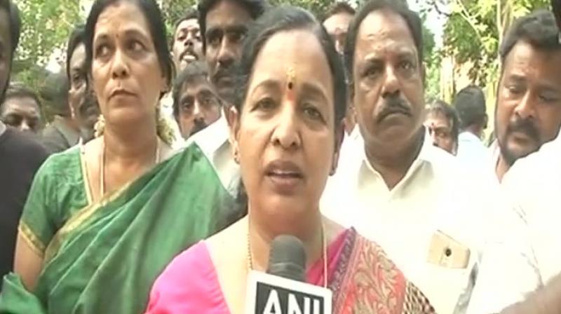 CR Saraswathi of TTV Dhinakaran-VK Sasikala faction on Monday expressed unhappiness for being avoided during the merger of the EPS and the OPS factions. (Photo: ANI/Twitter)