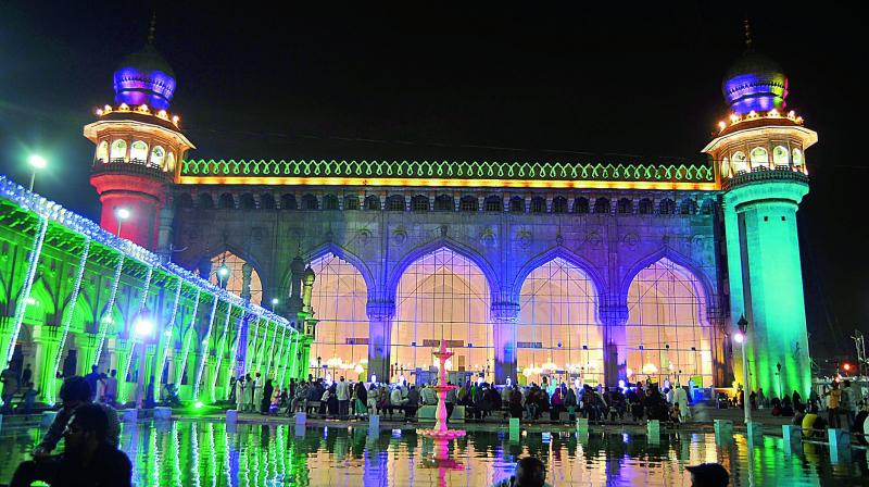 Macca Masjid is illuminated on Sunday, ahead of Milad-un-Nabi festivities on Monday. 	(Photo: P. Surendra)