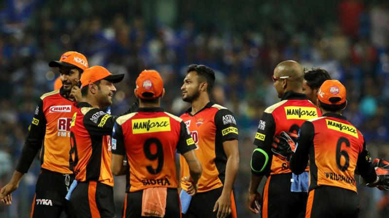 Sunrisers Hyderabad cricketers celebrate the wicket of Evin Lewis.(Photo: BCCI)