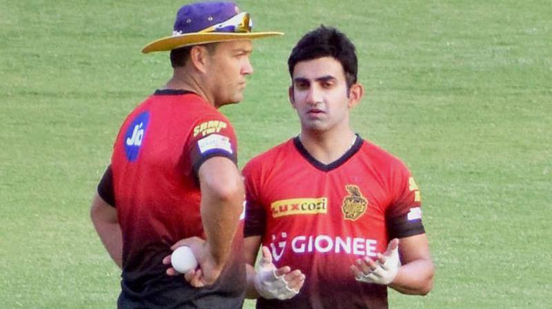 Kolkata Knight Riders coach Jacques Kallis and captain Gautam Gambhir during their teams practice session. (Photo: PTI)