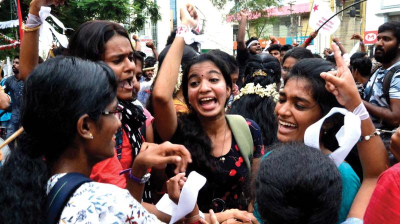 SFI activists celebrate their victory in front of Womens College in Thiruvananthapuram on Tuesday (Photo: PEETHAMBARAN PAYYERI)