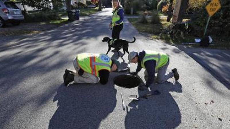 Remi, a dog trained to sniff out sources of water pollution, with handler Karen Reynolds, rear, detected human fecal bacteria in the pipe. (Photo: AP)