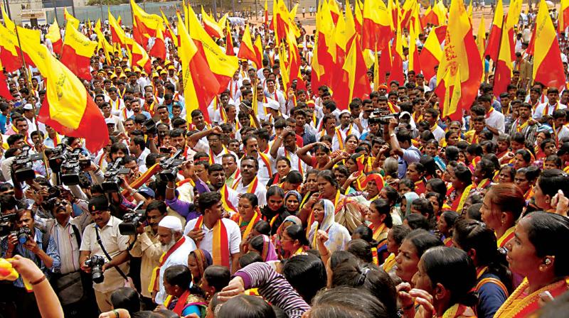 KRV members organised a protest rally from Basavanagudi to Freedom Park in Bengaluru on Saturday. (Photo: DC)