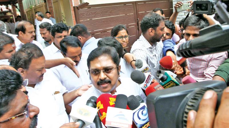 T.T.V. Dhinakaran, AIADMK (Amma) deputy general secretary, addresses the media outside his residence on Friday. (Photo: DC)