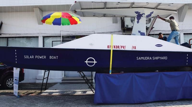 A solar boat exhibited at the Cochin International Boat show in Kochi.