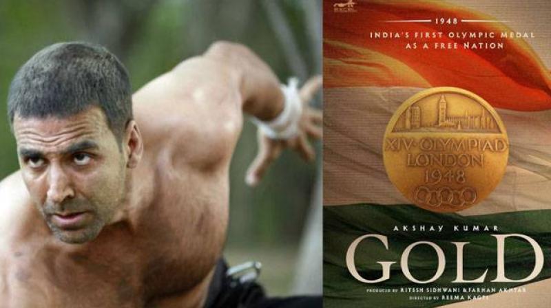 Akshay Kumar and the poster of the film Gold. the film is produced by Farhan Akhtar and Ritesh Sidhwanis production Excel Entertainment.