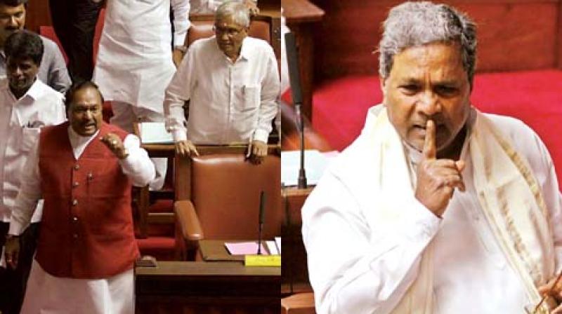 BJP MLCs led by K.S. Eshwarappa protest during the Council session in Bengaluru on Thursday. (Right) Chief Minister Siddaramaiah gestures during the session. (Photo: DC)