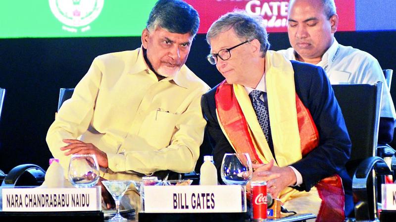 Chief Minister N. Chandrababu Naidu with the co-founder of Microsoft Bill Gates at the AP AgTech Summit 2017 valedictory programme at APIIC Grounds in Visakhapatnam on Friday. (Photo: K. Muralikrishna)