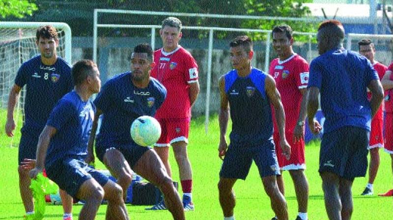Chennaiyin FC players at a training session in Chennai on Saturday. (Photo: E.K. Sanjay)