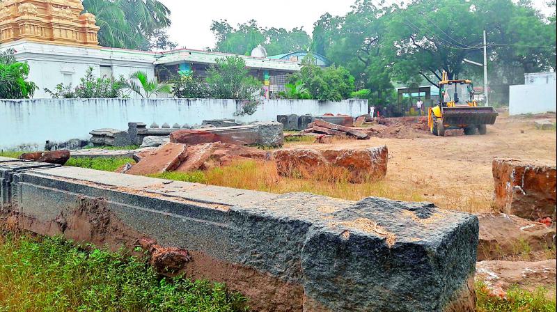 The carved pieces of Keerthi Thoranam found near the temple. (Photo: DC)